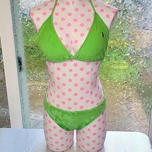 Y2k Vintage Juicy Couture Bright Green Terry Cloth Swimsuit 2 Piece Bikini SZ:L